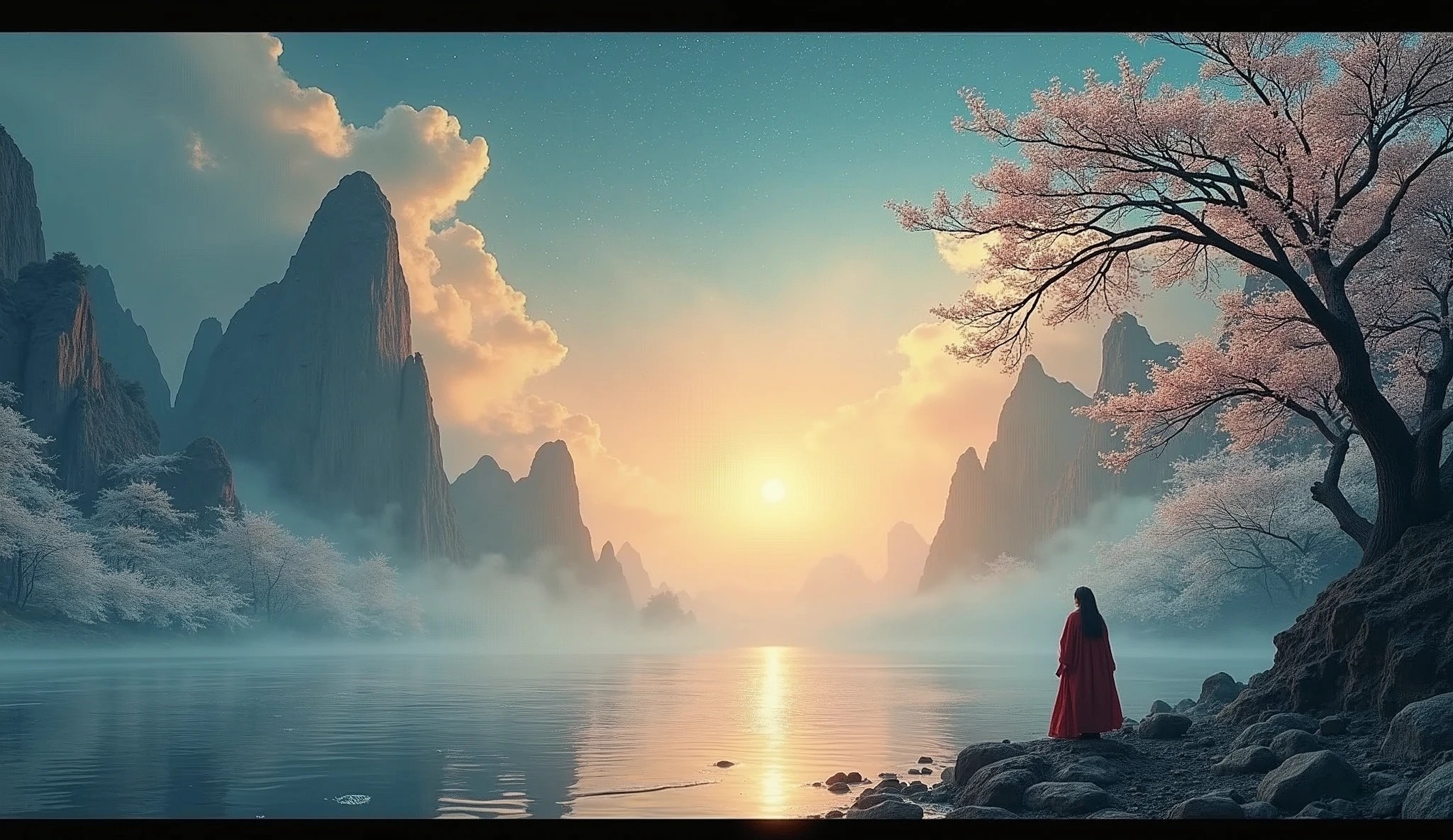 One picture describes five scenes,Movie storyboard scene 1:The sky rises straight up and destroys the vast,The Endless Tai Chi Long Scene 2:I haven't seen blood and grief for years,Forgetting Life and Death and Living in the Dust, Scene 3:Flying Stars Fly Far Away Crossing the Guan River,Ask the Lotus How to Know the Color of Ice and Snow Scene 4:Why hate the desolation after drinking,One Sorrow Is Not Enough to Unite the River Scene 5:The moon falls on the eaves of clothes,Borrowing a sword to pick flowers and scatter branches