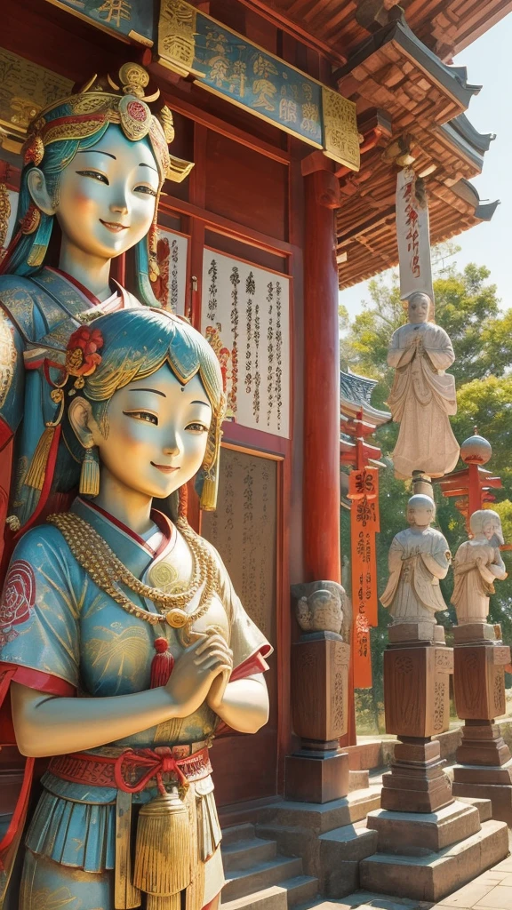 A portrait of a smiling girl at a shrine where prayer plaques for success in school exams have been dedicated。The Seven Lucky Gods are depicted around the statue to bring good fortune.、Support your desire to pass。