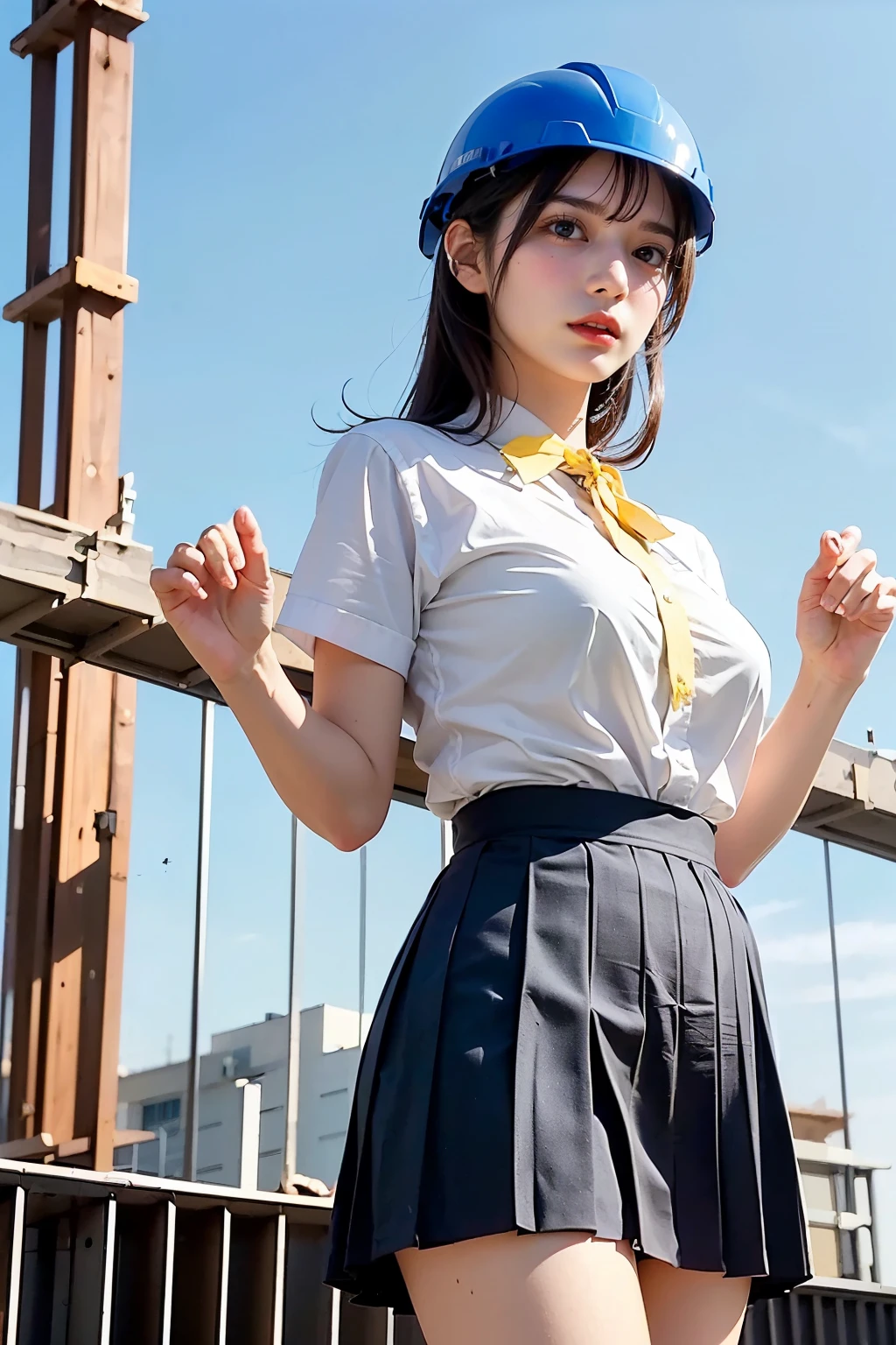 Masterpiece, bokeh, (Beautiful face), (Detailed face), (Japanese idle), (School uniform:1.3), (Pleated skirt:1.3), (Blushed face:1.3), (Plump breast:1.2), (Standing in Steel bridge of construction site:1.5), (Yellow helmet:1.3), (From below:1.5), (Perfect hand:1.5)