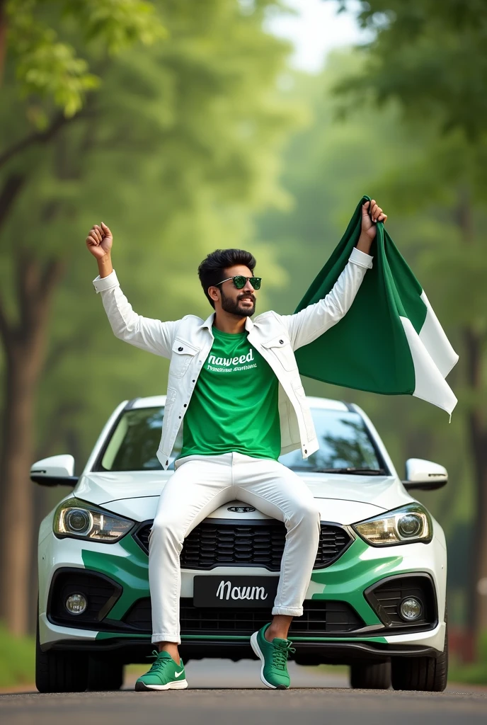 Create an image a man has in his hand Pakistan flag and stand the car this car colour is green men pent colour is white and his shoes is green and his T shirt colour is green"Umar" name write in his T shirt