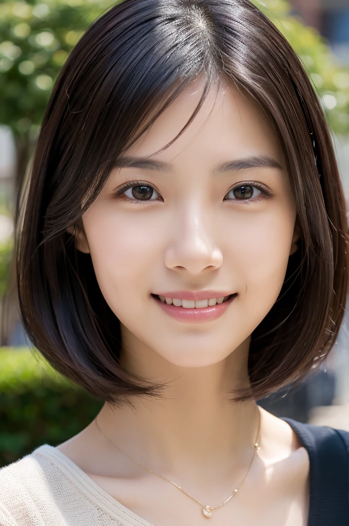 (masterpiece:1.3), (Photo realistic, Raw photography, top-quality: 1.4), Skinny Japanese woman, 29 years old, (1girl in), (Lifelike face), detailed face, detailed eyes, (A dark-haired, Short hair:1.3), (real looking skin), (Casual), Ultra high resolution, A hyper-realistic, high-detail,Background blur,City,building,office,garden,beige,sober,clear,Smile
