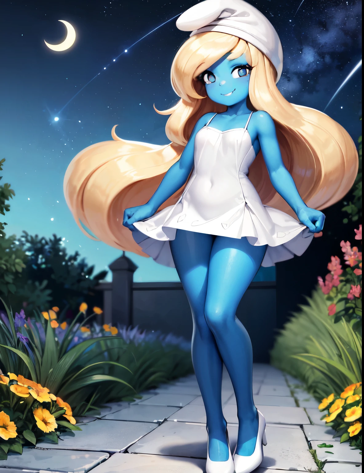 ((best quality)), ((highly detailed)), absurdres, detailed face, beautiful face, (detailed eyes, deep eyes), (1girl), full body in frame, smurfetteOC, blonde hair, very long hair, black eyes, colored skin, blue skin, medium breasts, smiling, hat, white dress, (long dress), high heels, white footwear, (outdoors, at a garden, night, night sky, stars, crescent moon, shooting star,) standing straight up, facing at camera