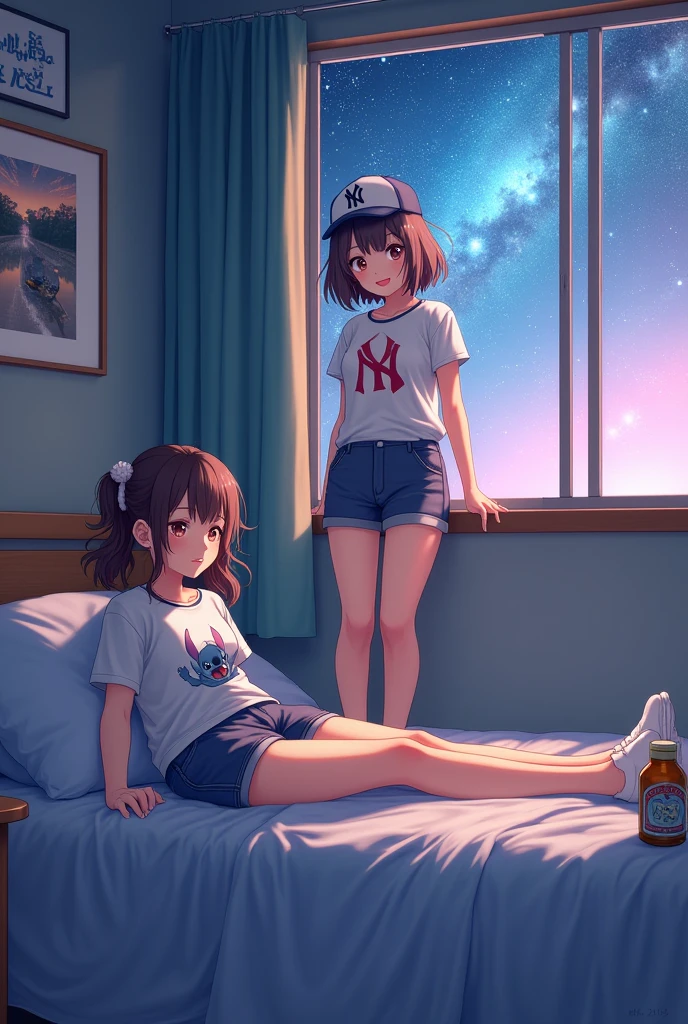 A tomboy girl in shorts with a Yankees cap and shirt, A girly girl with Stitch shirt lying on bed with beer in a container with a music speaker in an air-conditioned room with a window that looks out to the galaxy