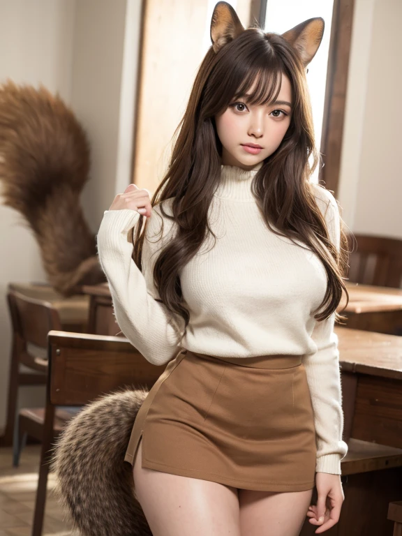 ((Highest quality, 8k)), ((masterpiece)), (Highest Resolution), Perfect Face, Squirrel-eared woman, Female college student, Beautiful woman, public, One tail, she has thick thighs, Big squirrel tail, She has a brown squirrel tail., She wags her tail, Troubled face, Fur collar, She is wearing a short skirt, Beautiful Hips , Big Breasts, The skirt is rolled up with a big tail