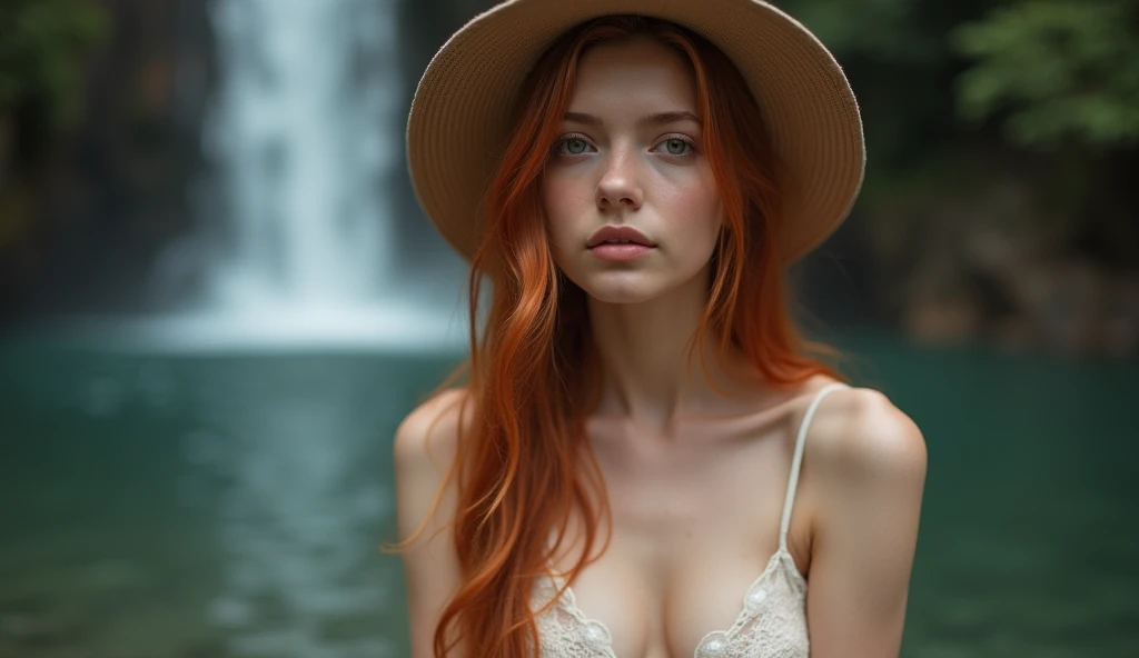 (1 Russian girl), (redhead with hat), (Nude model, 18 years old, Young)), big breast, nude, EtherealBeauty, Slim,Firm chest, Soft light, ((David Hamilton style)), closeup picture, Masterpiece, Best quality, photo-realistic, Ultrarealistic, 8K, high resolution, Detailed skin, 8K UHD, Digital SLR, Soft lighting, High quality, filmgrain, Fujifilm XT3, waterfall in background