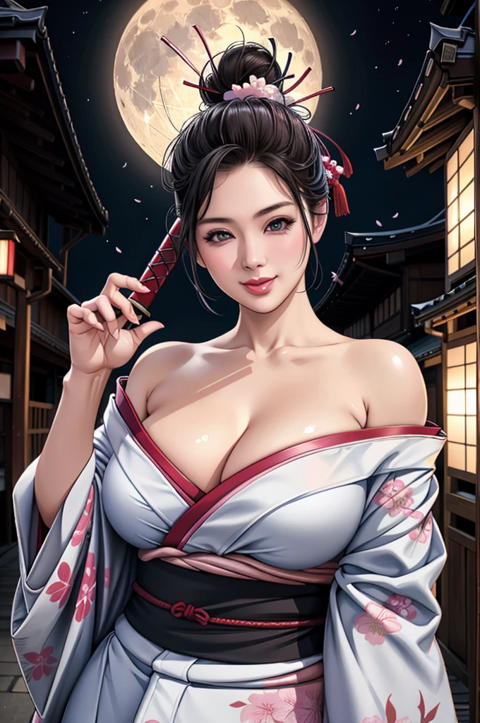 (Browsing Caution), (RAW Photos), (Realistic), (Photorealistic), Ultra-high resolution, masterpiece, Highest quality, Portraiture, facial Portraiture, Perfect lighting, Detailed lighting, Dramatic Shadows, Ray Tracing, Pure Eros Face_v1, Urzan-6500-v1.1, ((smile)), ((upper body:1.2)), ((random sexy pose)), looking at viewer, ((wearing a kimono)), ((off shoulders kimono)), ((holding a Japanese Katana)), ((in old Japanese street)), ((night)), ((full moon)), ((background with Cherry blossom)), ((Cherry blossom blizzard:1.2)),