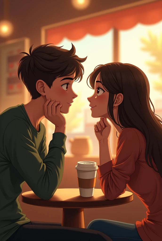 A  boy sighting his girlfriend with blissful and boy hand in his chin at coffee shop 