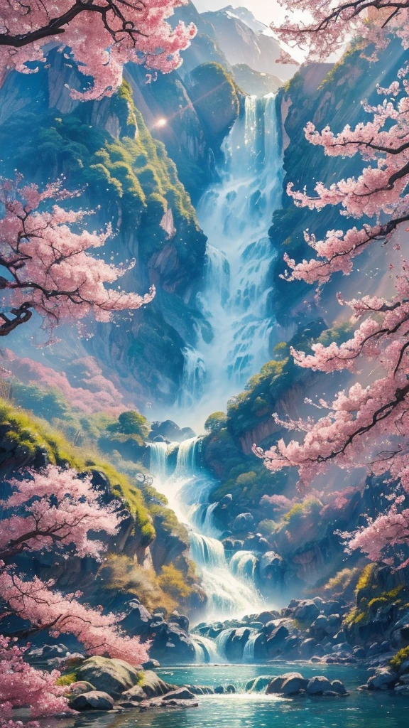 A dynamic depiction of a powerful carp climbing a waterfall。In the background, plum blossoms in full bloom and the morning sun shining、Demonstrate strong will and desire to pass the exam。