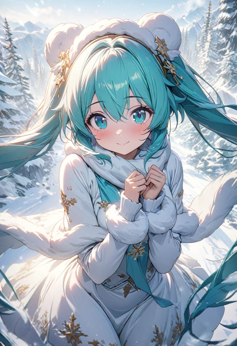 Fantasy CG digital art,A drawing of Hatsune Miku in a fantastical snowy world.Miku is wearing a cute, soft white hat with fluffy white fur Wear a cute outerwear with fur that blends in with the white snowy scenery.She is wearing a white turtleneck sweater and a scarf the same color as her hair.Wearing white tights and cute white boots,The snowy scenery transforms Miku into a stunning beauty, with her breathtakingly beautiful white skin and eyes, her fantastical figure,The falling snow transforms Miku into a snow fairy.Miku is smiling and looking at the camera.A fantastic snowy plain background, snowflakes came to play with her,Cowboy Shot,High quality, high quality, (masterpiece, best quality, 4k, 8k:1.5).Ultra detail,Ultra-fine painting, physically based rendering, dramatic lighting, fantasy effects,Professionally shot, award-winning,