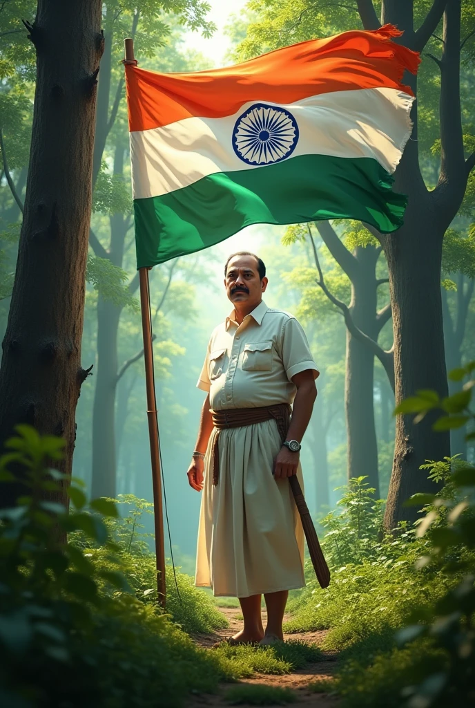 Subhash Chandra Bose stand between beautiful forest with indian flag and write in photo as jai hind