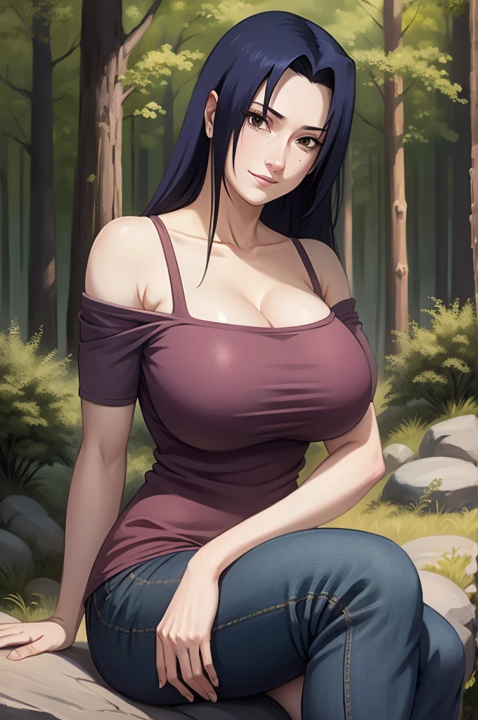 Mikoto Uchiha, oil painting, highly detailed, realistic, portrait, bright colors, soft lighting, (best quality, 4k,8k, height, masterpiece: 1.2), (big round breasts: 1.5), professional, long black hair, eyes black, beautiful detailed eyes and face, very detailed smile, long eyelashes, sitting on a rock, looking towards the viewer, black top, short pants, big butt, bare shoulders, stocking, outdoors, forest, cowboy shot, collarbone, sweating, hot pose , sex scene