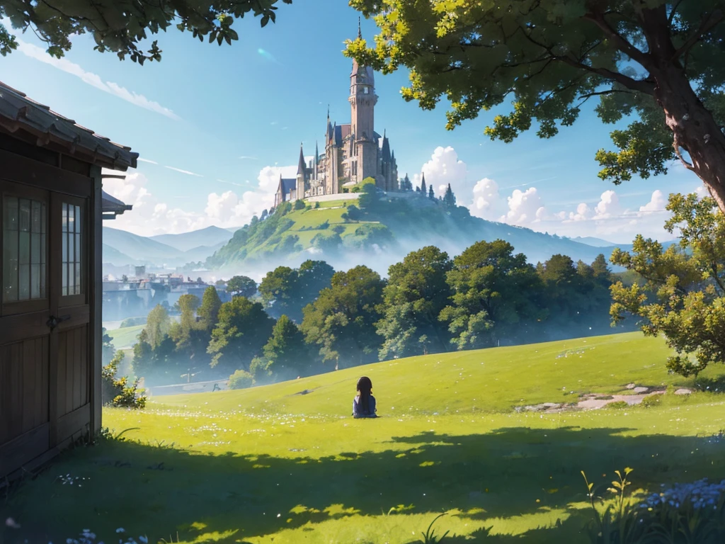 In a vibrant, anime-style fantasy world, the scene opens to an expansive, emerald-green meadow that seems to stretch endlessly under a brilliant, clear sky. The grass sways gently in the breeze, its rich hues of green reflecting the sunlight, creating a sense of life and abundance. Dotted with wildflowers and small, sparkling streams, the landscape is both peaceful and full of natural beauty. As your eyes follow the rolling hills, they lead to the horizon where, in the far distance, the silhouette of a magnificent city comes into view. The city is perched on the edge of the horizon, its towering spires and grand architecture barely visible but still imposing, hinting at a world full of magic, adventure, and mystery waiting to be explored