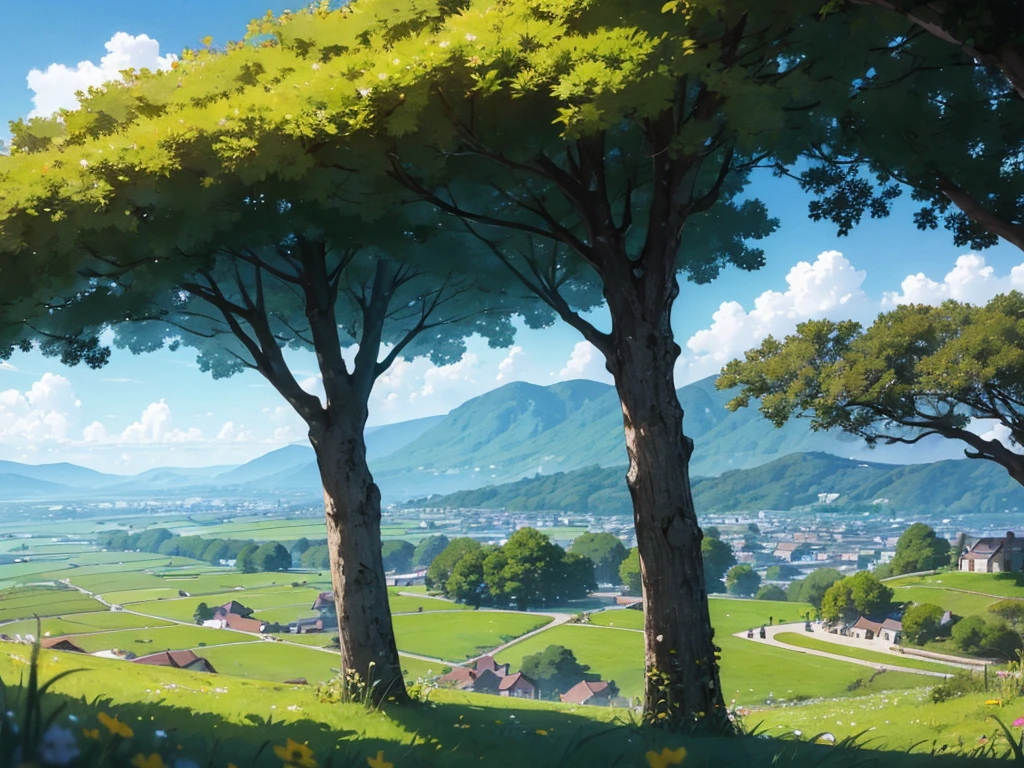 In a vibrant, anime-style fantasy world, the scene opens to an expansive, emerald-green meadow that seems to stretch endlessly under a brilliant, clear sky. The grass sways gently in the breeze, its rich hues of green reflecting the sunlight, creating a sense of life and abundance. Dotted with wildflowers and small, sparkling streams, the landscape is both peaceful and full of natural beauty. As your eyes follow the rolling hills, they lead to the horizon where, in the far distance, the silhouette of a magnificent city comes into view. The city is perched on the edge of the horizon, its towering spires and grand architecture barely visible but still imposing, hinting at a world full of magic, adventure, and mystery waiting to be explored
