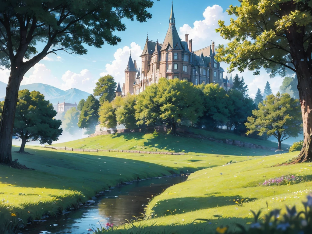 In a vibrant, anime-style fantasy world, the scene opens to an expansive, emerald-green meadow that seems to stretch endlessly under a brilliant, clear sky. The grass sways gently in the breeze, its rich hues of green reflecting the sunlight, creating a sense of life and abundance. Dotted with wildflowers and small, sparkling streams, the landscape is both peaceful and full of natural beauty. As your eyes follow the rolling hills, they lead to the horizon where, in the far distance, the silhouette of a magnificent city comes into view. The city is perched on the edge of the horizon, its towering spires and grand architecture barely visible but still imposing, hinting at a world full of magic, adventure, and mystery waiting to be explored