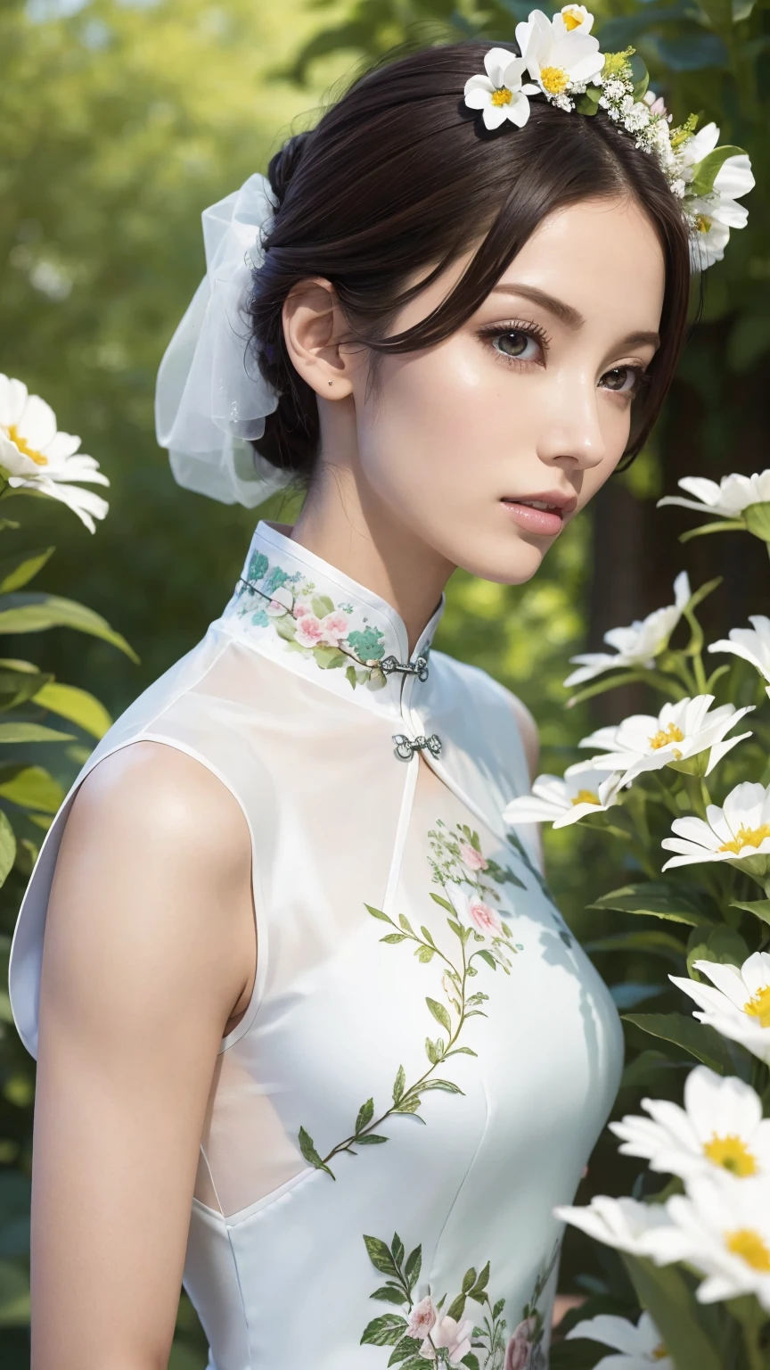 1 fashion model 18 years old [[[[close up]]]], [[[[neck]]]], [[[[Shoulder]]]], (((Complete head)))，(((Complete hairstyle)))，Perfect eyes, Perfect Iris，Perfect lips，Perfect Teeth，Perfect skin，White skin，Soft headlight，High-density imaging，（Clean and delicate face），((Color cheongsam))，((full-body shot))，((Various dynamic poses))，((Background with flowers and green trees))，best quality，masterpiece，（Soft colors：1.2）