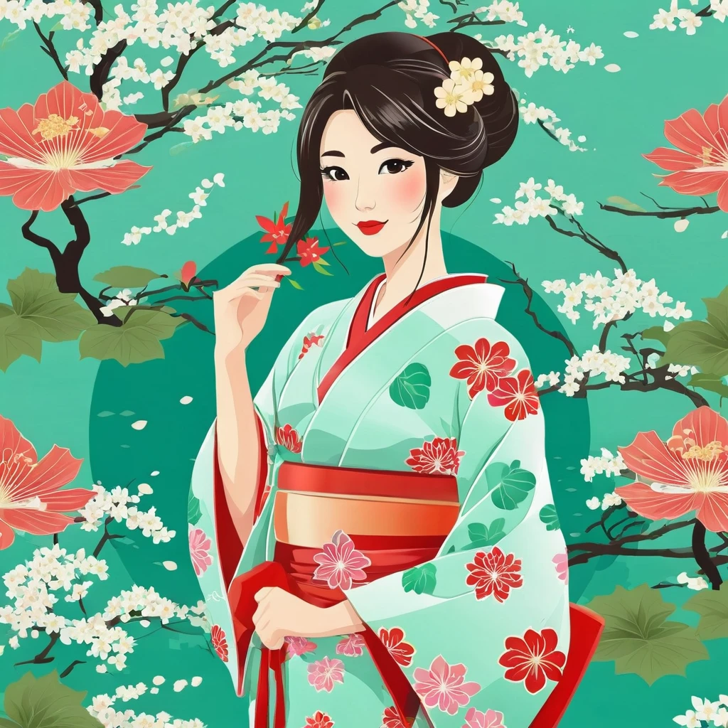 Japanese women wearing kimono. Cartoon. Mint. Japanese environment background