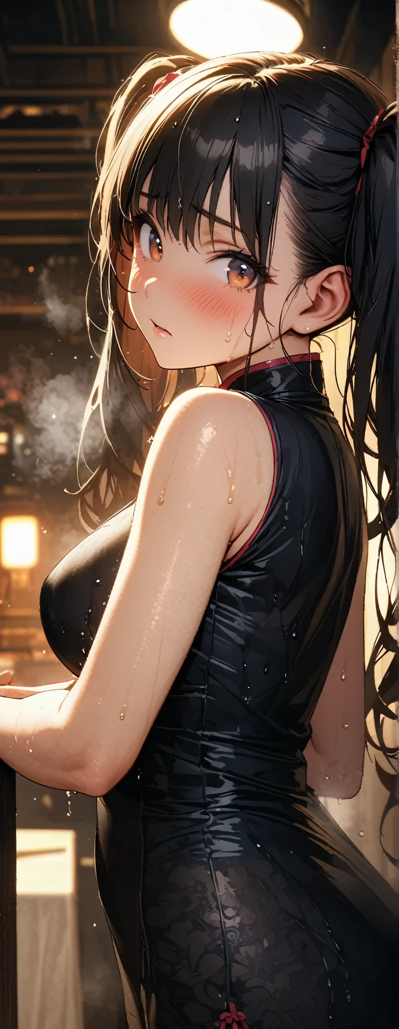 Twin tails、Highly detailed black cheongsam, Looks about , (beautiful girl: 1.3),Highest quality,8k,Highly detailed CG unit wallpaper,masterpiece:1.2,top-quality,Ultra-high resolution,RAW Photos,real texture skin,Cinema Lighting,Embarrassing,blush, vapour,Wet,Sweat,Moist eyes,weak,Huge buildings,Metropolis,The girl is a delivery girl who delivers Chinese food to customers.,,Steam from cooking,,,Big, round, beautifully shaped butt,,((Booty pose)),(from below:1.3),(looking down, watching at Viewer:1.3),(Perfect hands, Perfect Anatomy),Sexual pleasure expression,climax,Large Breasts,,