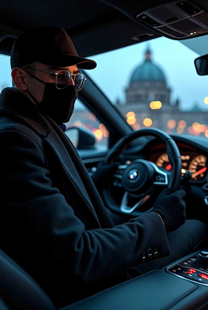 “A stylish, mysterious man sits in the driver’s seat of a modern luxury car, such as an Audi, selling parfuem, with his hands on the steering wheel. He is dressed in dark, winter attire, including a black turtleneck sweater, a heavy overcoat, gloves, and a cap. His face is partially covered with a black mask and sunglasses, giving him an enigmatic appearance. The background shows an urban cityscape at dusk with a prominent cathedral dome and a TV tower visible, possibly resembling Berlin. The interior of the car is sleek and high-tech, with ambient lighting and detailed dashboard controls. The overall scene conveys a sense of suspense and intrigue.”