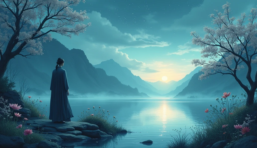 One picture describes five scenes,Movie storyboard scene 1:The sky rises straight up and destroys the vast,The Endless Tai Chi Long Scene 2:I haven't seen blood and grief for years,Forgetting Life and Death and Living in the Dust, Scene 3:Flying Stars Fly Far Away Crossing the Guan River,Ask the Lotus How to Know the Color of Ice and Snow Scene 4:Why hate the desolation after drinking,One Sorrow Is Not Enough to Unite the River Scene 5:The moon falls on the eaves of clothes,Borrowing a sword to pick flowers and scatter branches