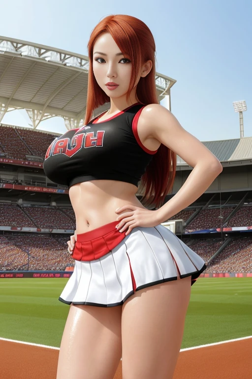 ((One Cheerleader 1.5)), ((Japanese women in their late 30s)), Cheerleaders at the stadium, ((Black cheerleader uniform 1.3)), ((White mini skirt 1.3)) , (Knee High Socks 1.4), ((Sweaty 1.5)), (((Red Hair 1.6))), Red lips, Shadow Eye, Sexy makeup,(( Beautiful and big breasts 1.1)), Thighs , ((Shiny skin 1.4)), high resolution,(Realistic Photo，Realistic photos)， ((Beautiful and slender body)), (Stadium Background), Captivating woman, high quality, Highly detailed skin