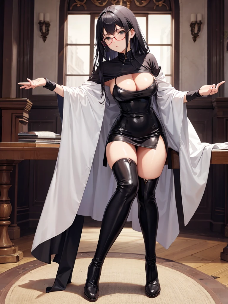 Beautiful black hair, Long Hair, Heart Shaped Sunglasses, Monastic uniform, Brown Skin, Tan Skin, leather, Knee-high boots, A challenging look, Beautiful Hands, Beautiful fingers, Beautiful legs, like, Satin Long Gloves, Runway, Bodycon