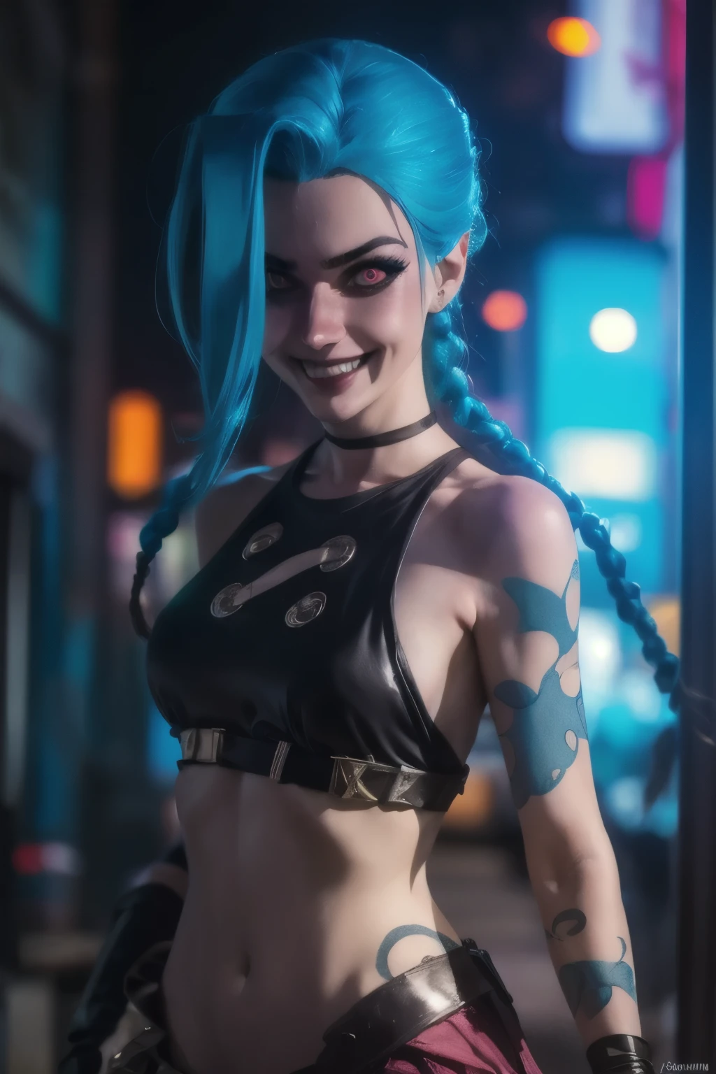 Hyper realistic super detailed Jinx cosplay , ((***** girl, ************)), Very detailed, (hyper realistic: 1.4), in dynamic pose, (((psycho face, evil, creppy smiling))), twin braids, long hair, blue hair, red eyes, tattooed, ((skinny Body)), ((angry face)), arcane style. ((Cinematic neon graffiti on wall,  cinematic lighting)).