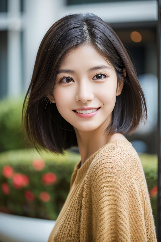 (masterpiece:1.3), (Photo realistic, Raw photography, top-quality: 1.4), Skinny Japanese woman, 29 years old, (1girl in), (Lifelike face), detailed face, detailed eyes, (A dark-haired, Short hair:1.3), (real looking skin), (Casual), Ultra high resolution, A hyper-realistic, high-detail,Background blur,City,building,office,garden,beige,sober,clear,Smile