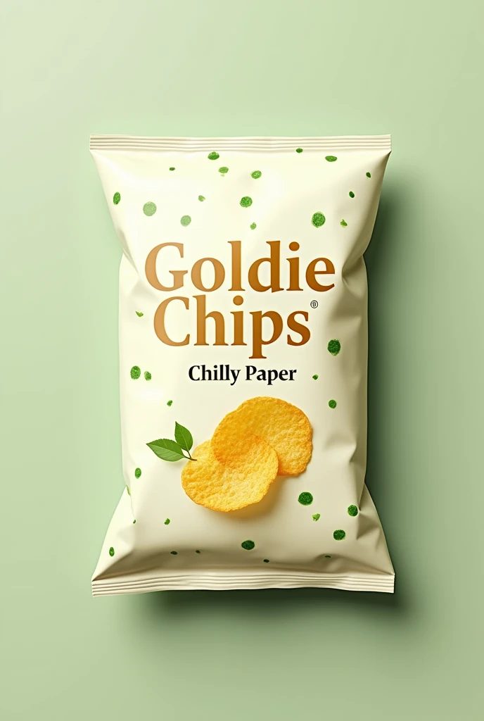 A cream white Potatoes Chips package with green spots titled Goldie Chips written in gold with chilly paper flavor