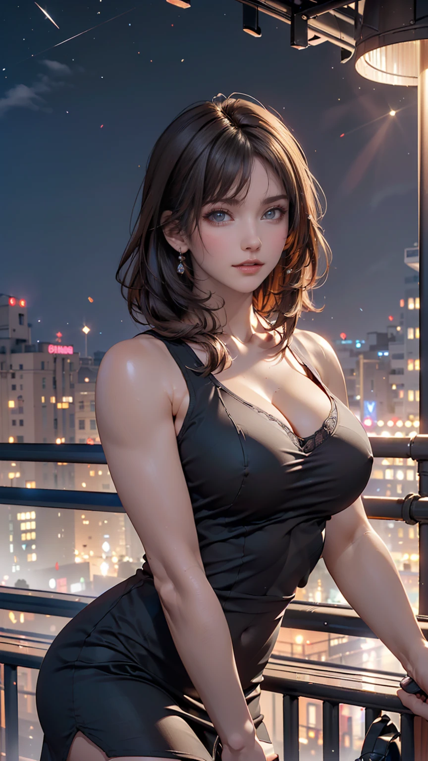 ((Highest quality, 8k, masterpiece :1.3)), whole body, Sharp focus :1.2, Beautiful woman with perfect figure :1.4, Slim Abs :1.2, ((Dark brown hair, Big Breasts :1.2)), Tank top dress :1.1, (Night city view, Modern balcony :1.1), Highly detailed face and skin texture, Detailed eyes, double eyelid