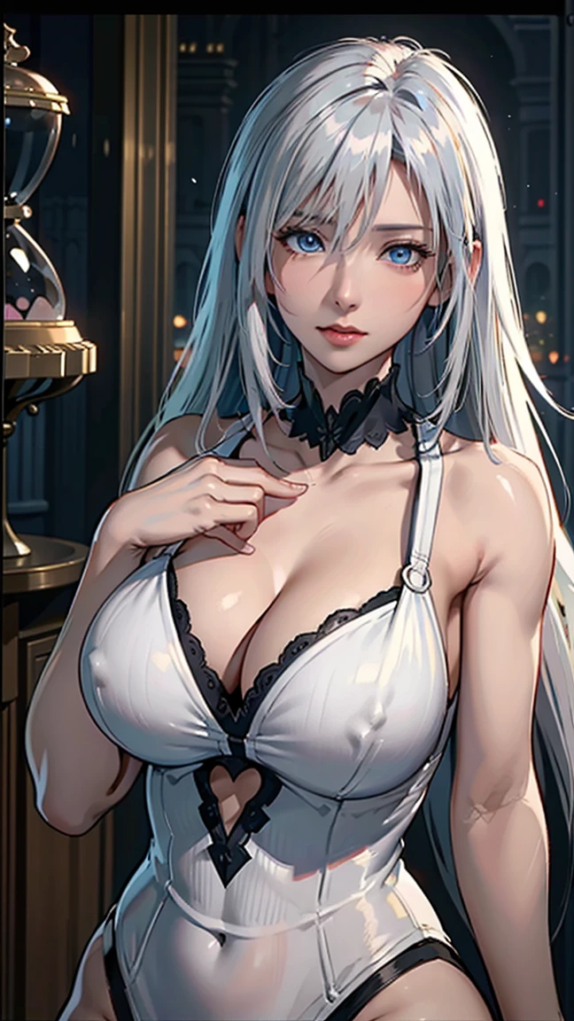 masterpiece,best quality, official art, extremely detailed CG unity 8k wallpaper, ((top quality, 8k, masterpiece: 1.3, ultra hd, high quality, best quality, high definition, ((realism)), sharp focus: 1.5,(Very detailed CG unity 8K wallpaper), Dark Cinematic Lighting, cinematic lighting ,massive breasts, fair skin,white suit),The best quality,ash white hair,blue eyes,upper body, cleavage, collarbone, 3:4,((hourglass figure))