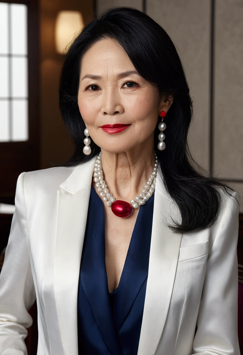Ultra-realistic capture, high resolution, masterpiece, PHOTO real, genuine, 4K, Japanese female Diet member, 53 years old, long straight black hair, noble earrings, rough skin, wrinkles at the corners of the eyes, ordinary facial features, bright red lipstick, serious gaze with a smile, black pearl necklace, stylish formal suit navy blue jacket, jacket open, satin fabric sophisticated design blue ribbon blouse (large ribbon), front, looking at camera, full body view, dining scene with fellow Diet members,