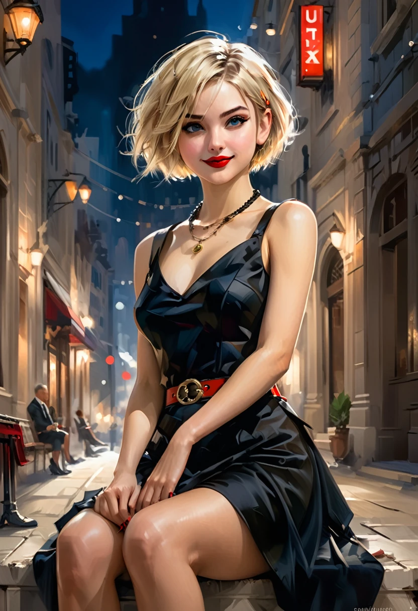 (sitting, crossed legs),(rule of thirds),((ultra realistic illustration:1.2)),Athletic blonde woman, (short hair), tomboy, cute, ((smile)), Red lipstick,necklace, black evening dress, belt, high heels.Masterpiece, best quality,(highly detailed:1.2),(detailed face and eyes:1.2), 8k wallpaper, depth of field, natural lighting. core shadows, high contrast, bokeh.