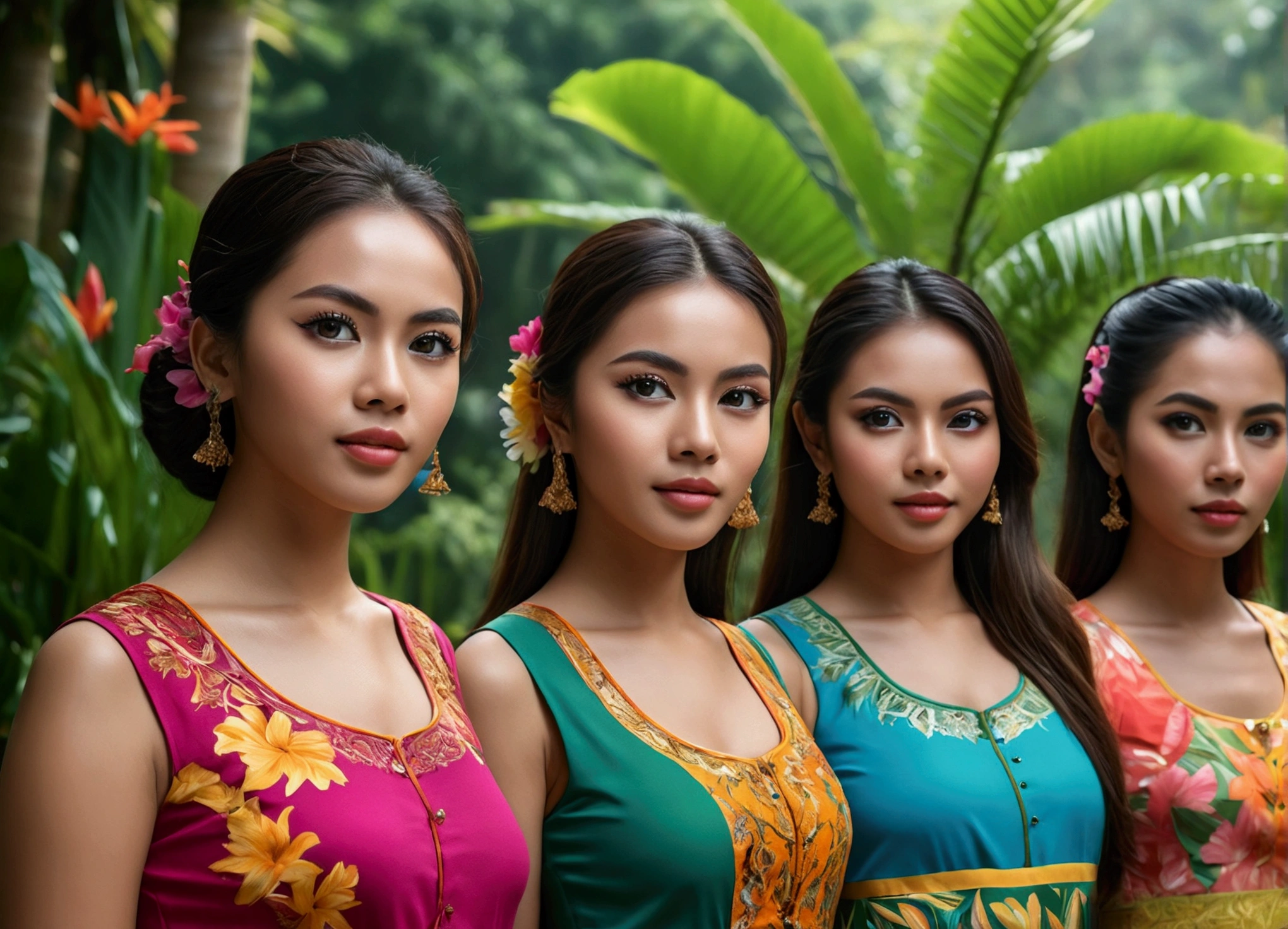 6 beautiful Malaysia girls, beautiful detailed eyes, beautiful detailed lips, extremely detailed eyes and face, long eyelashes, athletic athletic bodies, colorful traditional Malaysia dresses, tropical garden background, (best quality,4k,8k,highres,masterpiece:1.2),ultra-detailed,(realistic,photorealistic,photo-realistic:1.37),vibrant colors,natural lighting,cinematic composition,intricate details,highly detailed facial features
