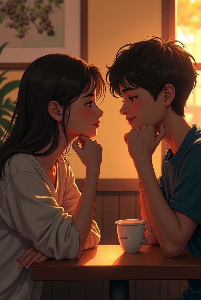 A teenage boy sighting his girlfriend with blissful and boy hand in his chin at coffee shop but that girl holding coffee cup not looking that boy