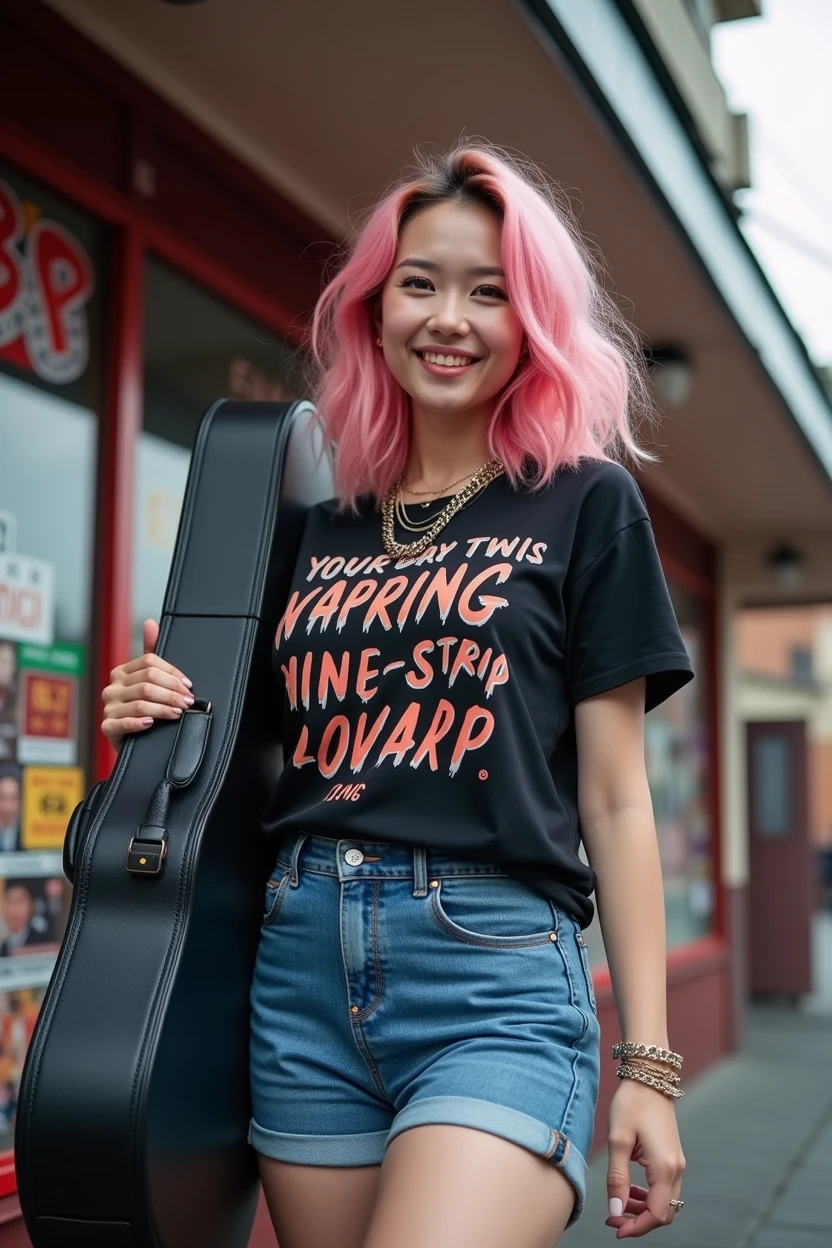 (((A Japanese woman carrying a large black guitar case on her back)))、A 26-year-old adult woman wearing a black crew neck top with loud English letters on the chest and short blue jeans poses for a photo, Big Breastsのポルノ、Dynamic Pose、Model poses for rock music magazine、Slender curvesの想像を超えた美女、 Japanese female fashion model, (((Very bright pink hair)))、happiness、Thick chain jewelry around the neck and arms、(((In front of a strip theater in Asakusa)))、A pure and beautiful smile、Intelligent face、Slender curves、Big Breasts、Black T-shirt、He&#39;s wearing a very small leather jacket.、Denim shorts、(((Extreme low angle)))、null、building、He is carrying a black guitar case with a guitar strap