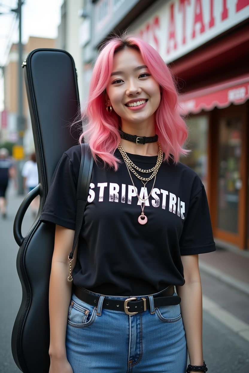(((A Japanese woman carrying a large black guitar case on her back)))、A 26-year-old adult woman wearing a black crew neck top with loud English letters on the chest and short blue jeans poses for a photo, Big Breastsのポルノ、Dynamic Pose、Model poses for rock music magazine、Slender curvesの想像を超えた美女、 Japanese female fashion model, (((Very bright pink hair)))、happiness、Thick chain jewelry around the neck and arms、(((In front of a strip theater in Asakusa)))、A pure and beautiful smile、Intelligent face、Slender curves、Big Breasts、Black T-shirt、He's wearing a very small leather jacket.、Denim shorts、(((Extreme low angle)))、null、building、He is carrying a black guitar case with a guitar strap