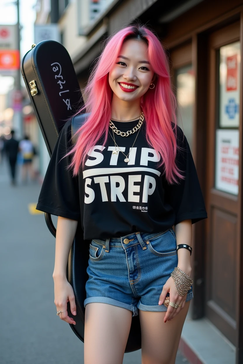 (((A Japanese woman carrying a large black guitar case on her back)))、A 26-year-old adult woman wearing a black crew neck top with loud English letters on the chest and short blue jeans poses for a photo, Big Breastsのポルノ、Dynamic Pose、Model poses for rock music magazine、Slender curvesの想像を超えた美女、 Japanese female fashion model, (((Very bright pink hair)))、happiness、Thick chain jewelry around the neck and arms、(((In front of a strip theater in Asakusa)))、A pure and beautiful smile、Intelligent face、Slender curves、Big Breasts、Black T-shirt、He's wearing a very small leather jacket.、Denim shorts、(((Extreme low angle)))、null、building、He is carrying a black guitar case with a guitar strap