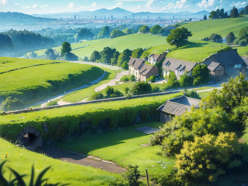 An anime-style scene set in a fantasy world, featuring a sprawling, verdant meadow with rolling hills covered in vibrant green grass. The landscape feels boundless and full of life. In the far distance, a grand city rises, its silhouette faint but majestic against the horizon
