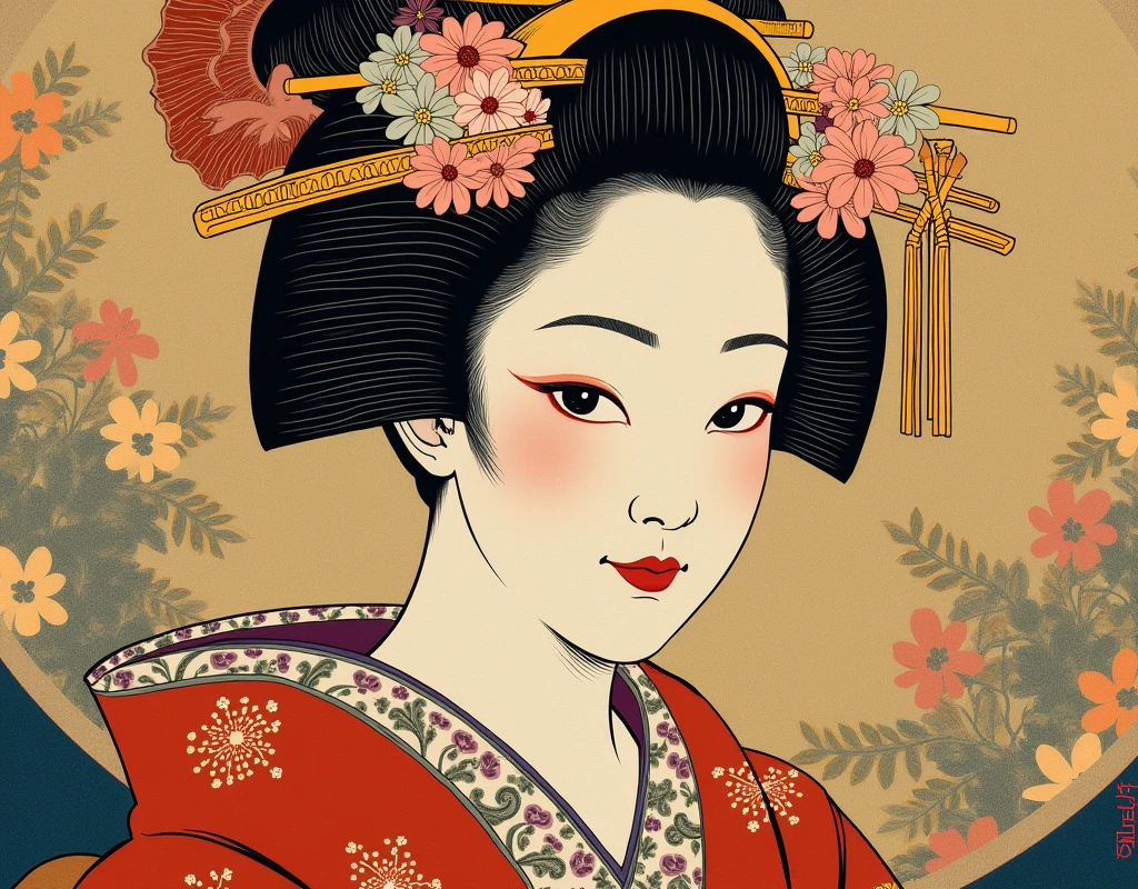 Close-up of painting of a woman in kimono, Jigsaw puzzles inspired by Matsuno Shuen, Pixiv, Ukiyo-e, Japanese words related to flowers, japanese geisha, geisha, beauty geisha, skilled geisha of the japanese, The art of Japan, geisha prima ballerina, The art of Japan art, traditional The art of Japan