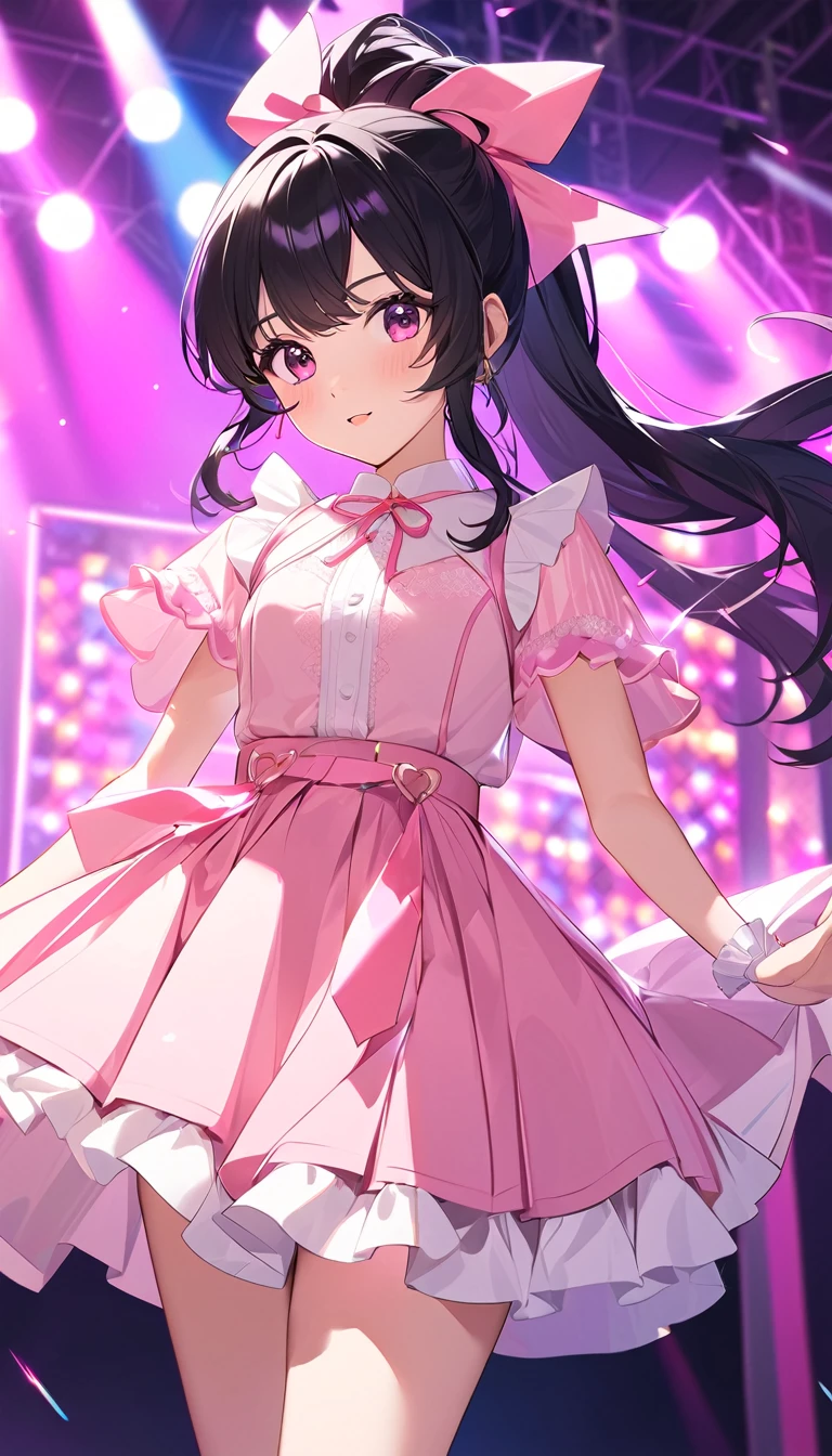 Create a digital illustration of a 1980s Japanese female idol. She has long black hair in a ponytail with a pink ribbon. Her outfit is a pink and white frilly dress. The background should be a stage with colorful lights. Emphasize a soft and cute atmosphere.