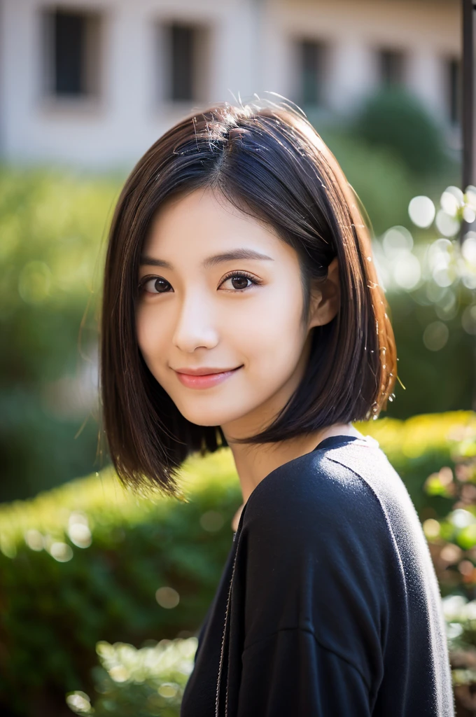 (masterpiece:1.3), (Photo realistic, Raw photography, top-quality: 1.4), Skinny Japanese woman, 29 years old, (1girl in), (Lifelike face), detailed face, detailed eyes, (A dark-haired, Short hair:1.3), (real looking skin), (Casual), Ultra high resolution, A hyper-realistic, high-detail,Background blur,City,building,office,garden,beige,sober,clear,Smile