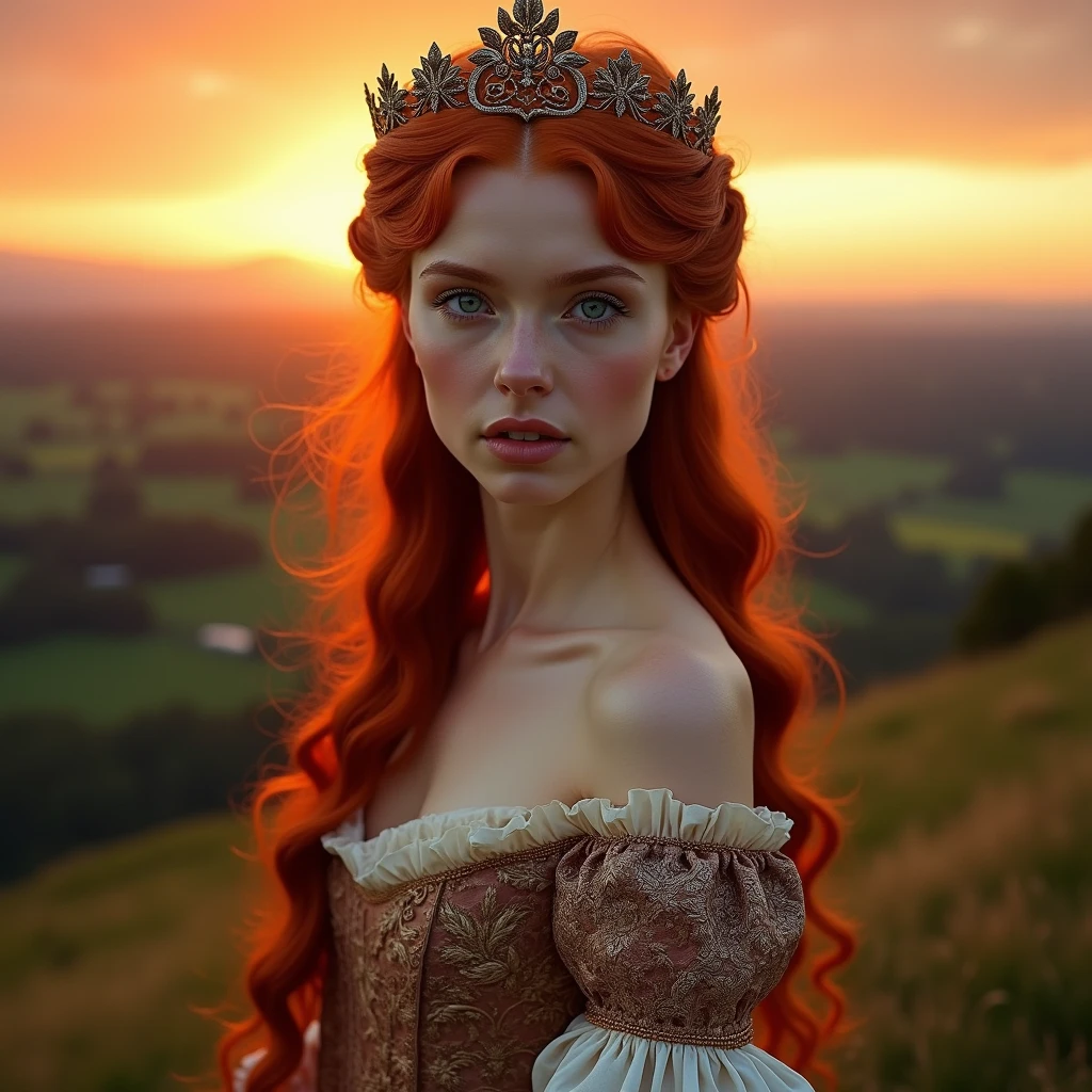 , stunning red haired princess, medieval style, English princess, blue eyes, stunning portrait, 8k artistic portrait photography, anthropological photography, colorful dress, fine embroidery, beautiful portrait, beautiful princess, woman, fierce eyes, background is sunset on top of a hill