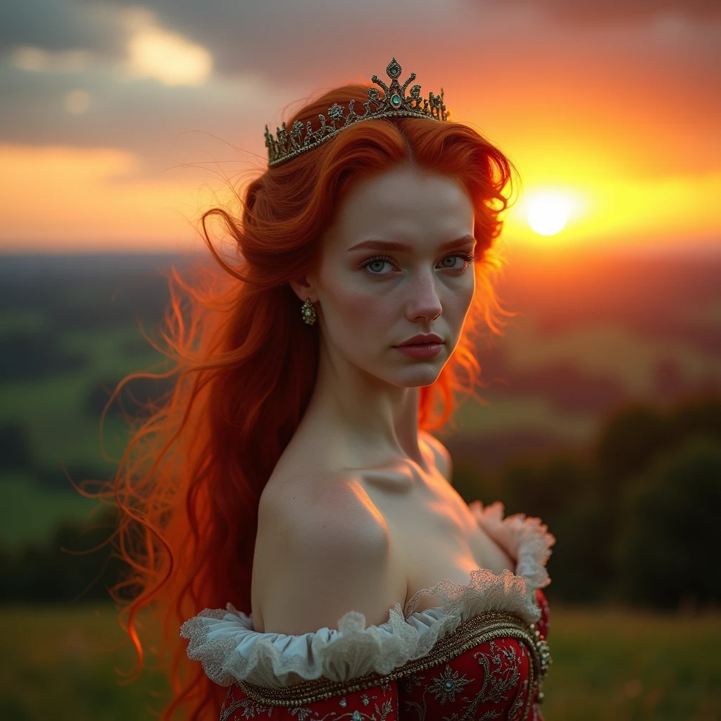 , stunning red haired princess, medieval style,  English princess, blue eyes, stunning portrait, 8k artistic portrait photography, anthropological photography, colorful dress, fine embroidery, beautiful portrait, beautiful princess, woman, fierce eyes, background is sunset on top of a hill