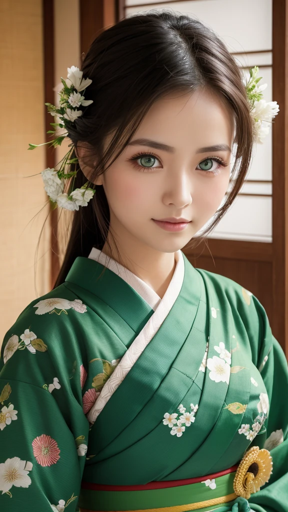 ""A beautiful woman with striking green eyes, wearing traditional Japanese kimono.""