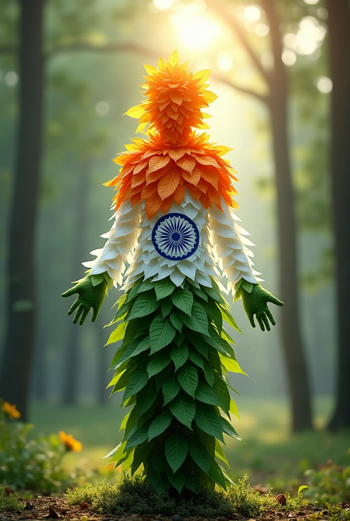 To create an image where leaves resemble a human figure while incorporating the colors of the Indian Tiranga, here’s a detailed prompt:

---

**Prompt:** Create a surreal image where the leaves of a tree form the shape of a human figure standing tall. The leaves are colored to represent the Indian Tiranga, with the top portion of the figure made of saffron-colored leaves, the middle section with white leaves, and the lower part with green leaves. The human-like figure appears to be in a peaceful natural setting, with its "arms" outstretched as if embracing the environment. The blue Ashoka Chakra is subtly integrated into the figure’s "chest," symbolizing the heart. The background features soft sunlight filtering through the trees, enhancing the colors and the overall sense of harmony and patriotism.

---

This prompt should guide the creation of an image that beautifully blends the essence of nature with the symbolism of the Indian flag in a human-like form.