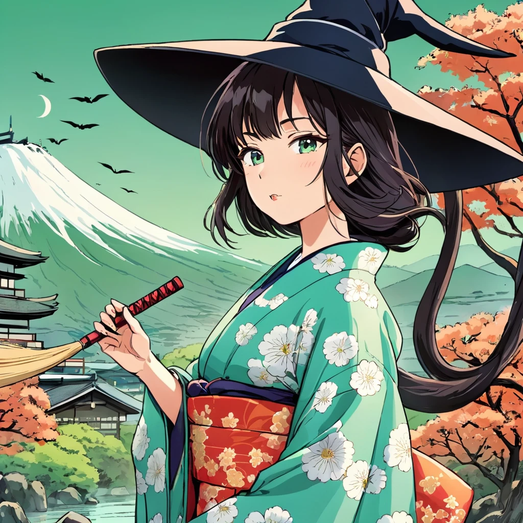 Japanese woman wearing kimono. Witch. Comics. Mint. Japanese environment background