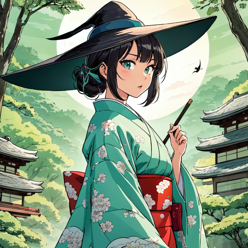 Japanese woman wearing kimono. Witch. Comics. Mint. Japanese environment background