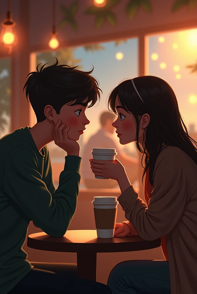 A teenage boy sighting his girlfriend with blissful and boy hand in his chin at coffee shop but that girl holding coffee cup she is not looking that boy