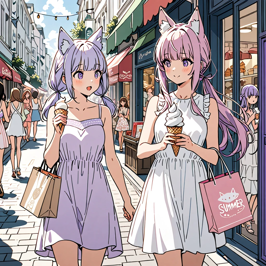 Two girls, one girl with pale purple low twintail hair, blunt bangs, pink sleeveless summer dress, the other girl with silver long hair, fox ears, white sleeveless summer dress, walking down a shopping street with a soft serve ice cream in one hand and chatting, masterpiece, detailed line drawing, illustration, official art