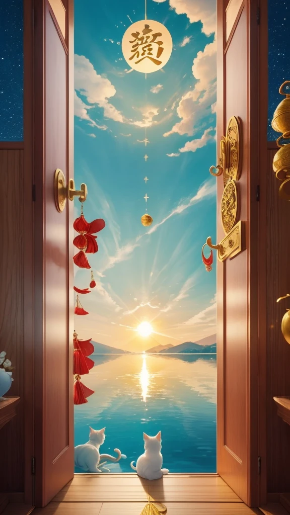 It represents a wish reaching the heavens.、Light stretching towards the sky enhances mental concentration and focus、A calm sea or lake represents the reward for your efforts.、Scenery of the rising sun brings good luck、Seven Lucky Gods and Maneki-neko (beckoning cats) represent the path to success.、Open Door